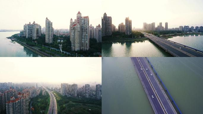 4K航拍城市清晨吴江松陵大桥