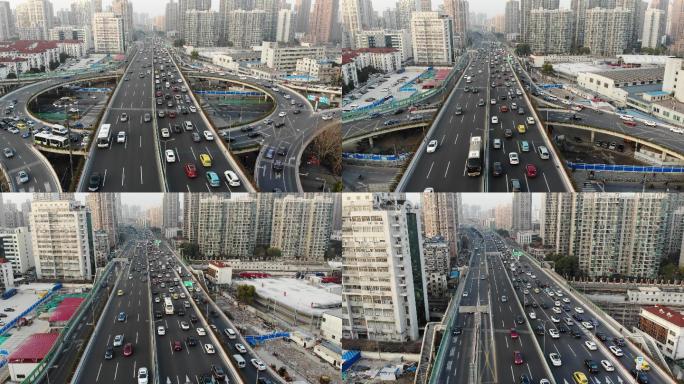 4K原素材-航拍上海南北高架天目路立交桥