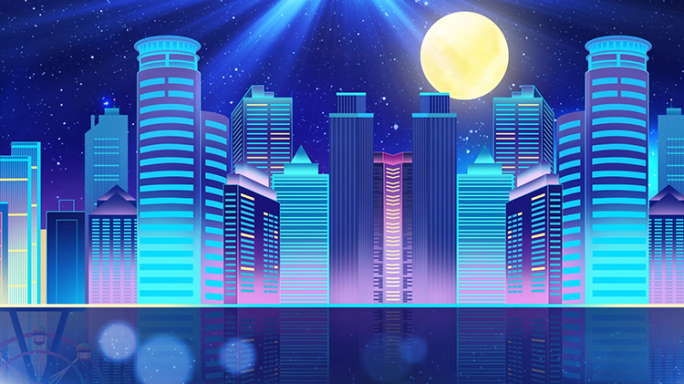 蓝色星空月亮梦幻城市建筑背景视频