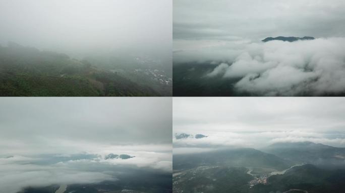 福建畲族村庄和周围云雾缭绕的群山
