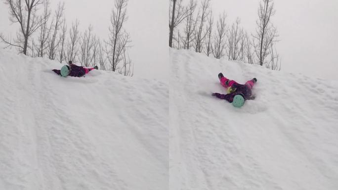 滑雪梯雪场倒栽葱儿童慢镜头