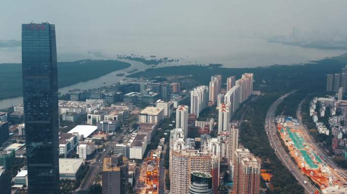 4k航拍深圳河套合作区深圳河畔福田区街景