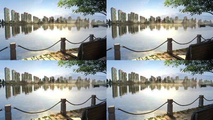 公园湖面河岸长椅楼房三维建筑漫游动画