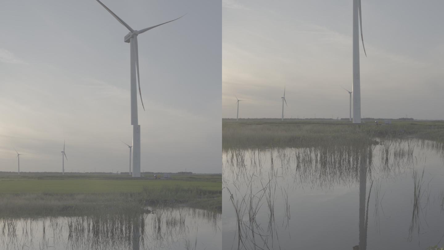 风车风力发电河边水边稻田田地