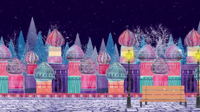 卡通城堡夜晚雪景