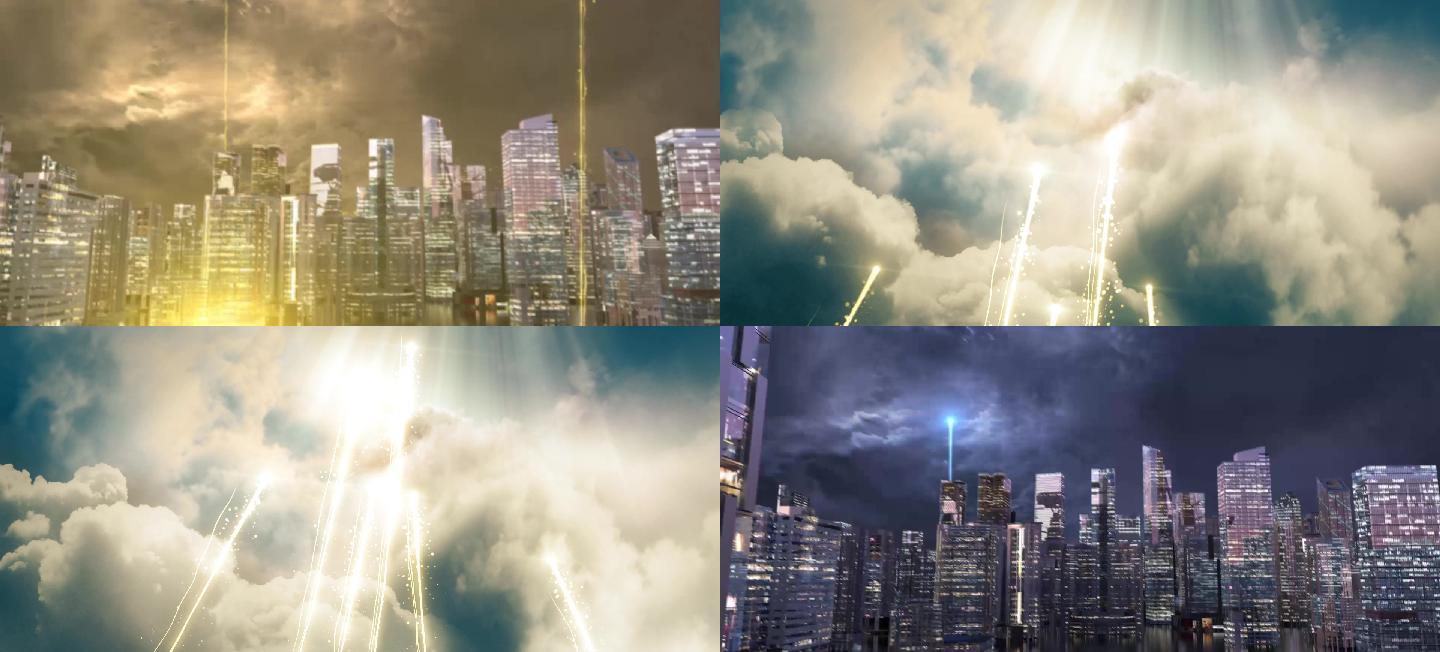 繁华城市夜空科技光线穿越云层（动画素材）