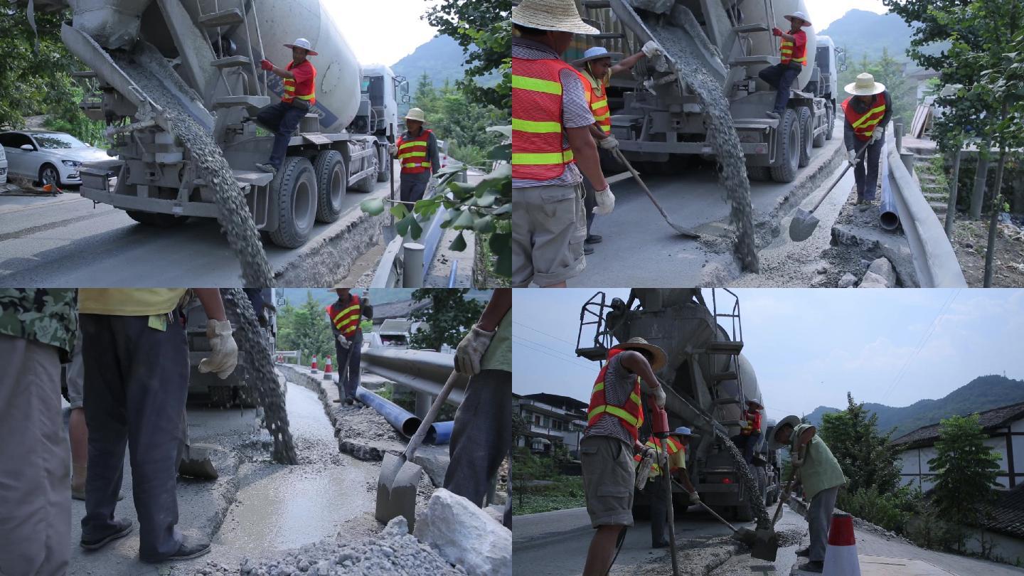 水泥泵车路面施工填埋工人