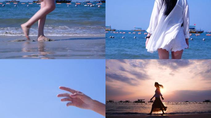 女孩惬意海边旅行海边女孩剪影视频素材