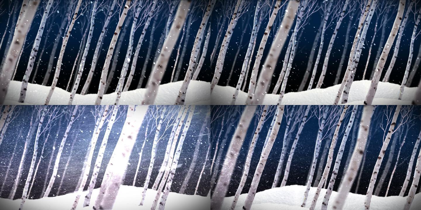 原创4k冬天白桦树林飘雪动画舞台背景