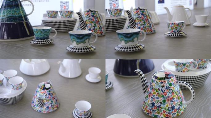漂亮彩色纹饰的瓷器茶杯茶壶和杯具