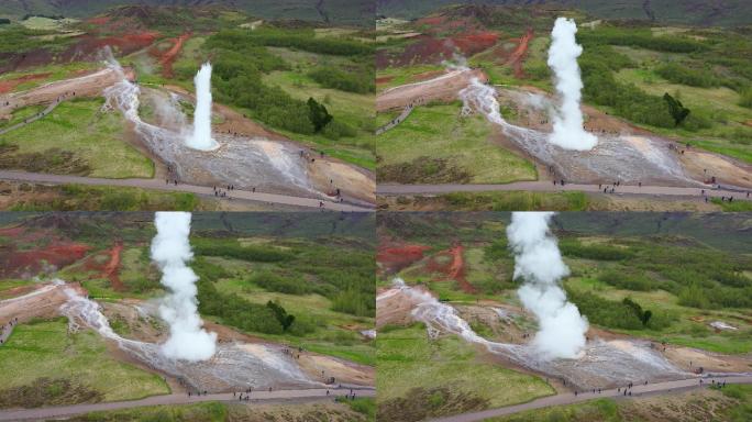 4K火山地热喷泉口航拍水花烟雾