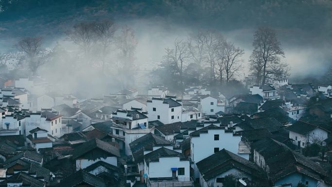 婺源山村深秋晨雾炊烟意境09