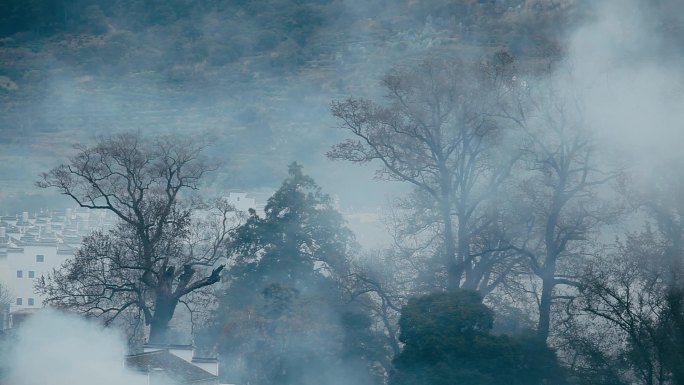 婺源山村深秋晨雾炊烟意境16