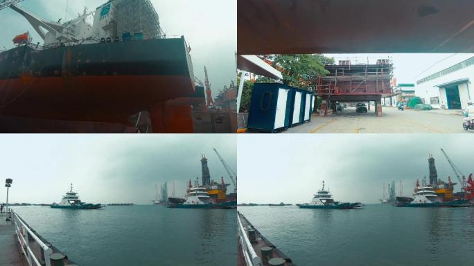 中国南海大型造船修船企业修船，摆渡船进港