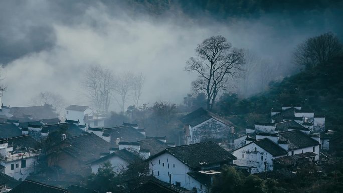 婺源山村深秋晨雾炊烟意境20