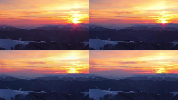 山顶雪景霞光太阳夕阳西下东北