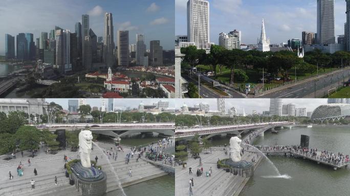 4k航拍新加坡城市风景鱼尾狮广场
