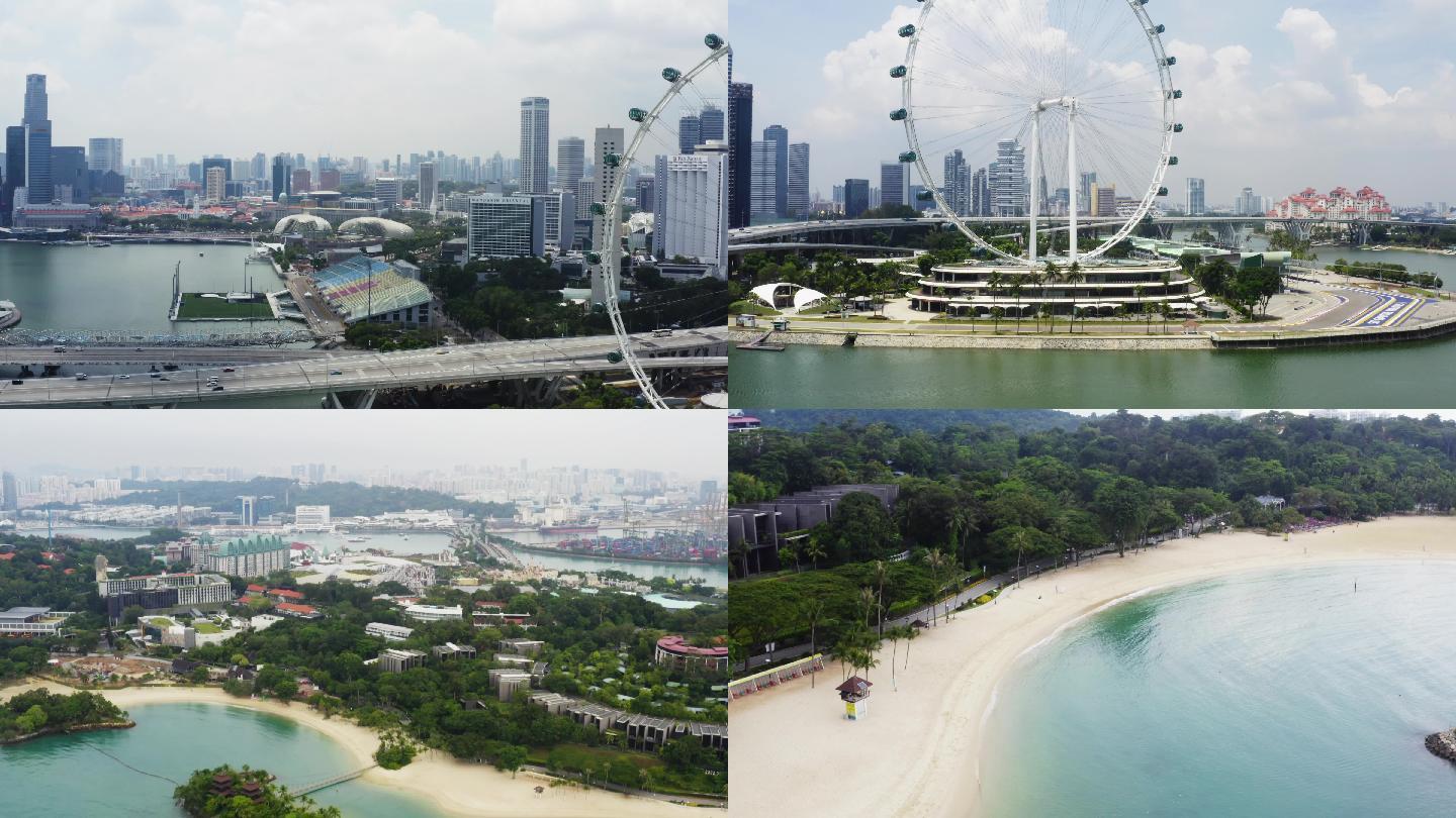 航拍新加坡圣淘沙滨海湾花园城市摩天轮4k