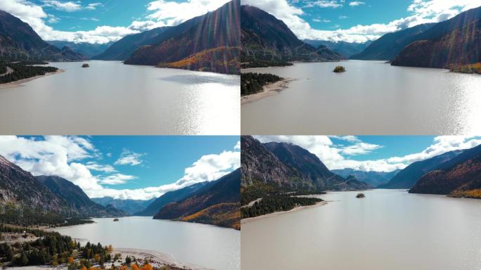4k航拍-西藏然乌湖的孤岛和秋季风光