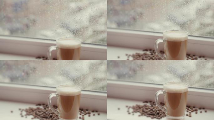 咖啡厅下雨天玻璃窗前现磨咖啡