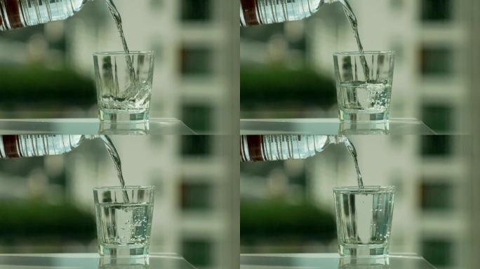 纯净水玻璃杯康师傅倒水慢镜头