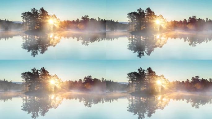 清晨雾气生起的静谧湖面