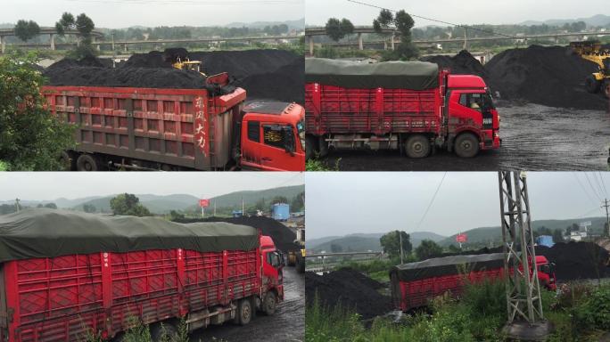 黑煤矿工地大货车装煤运输雨天作业
