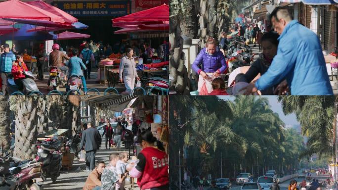民族街景视频云南德宏州芒市大街和街边集市