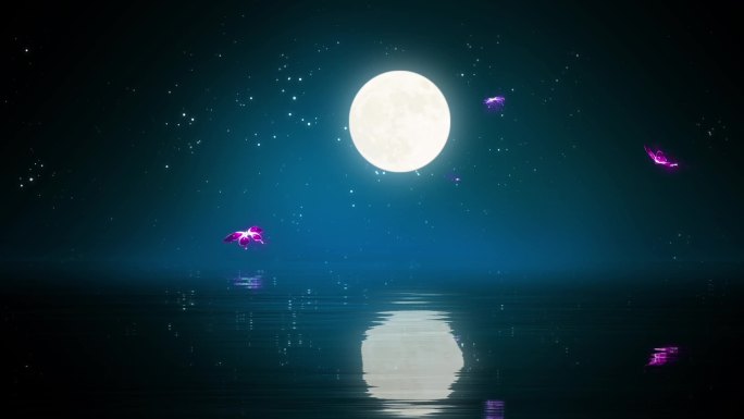 月亮月色蝴蝶湖面背景循环