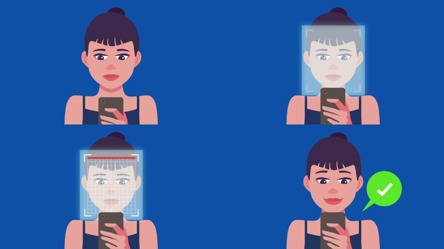 卡通女孩用手机faceID人脸识别
