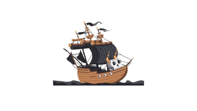 卡通海盗船漂泊在海上