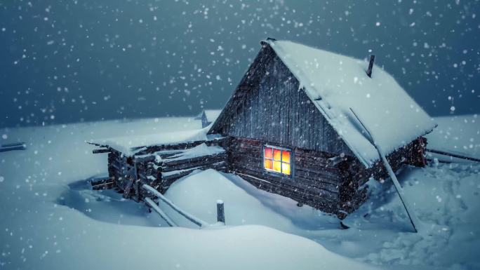 冬天大雪夜景房间微弱灯光