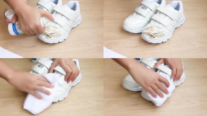 用清洁剂擦拭小白鞋去污渍