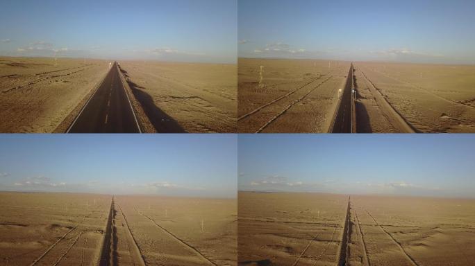 大漠戈壁上笔直的公路，雅丹地貌4K航拍