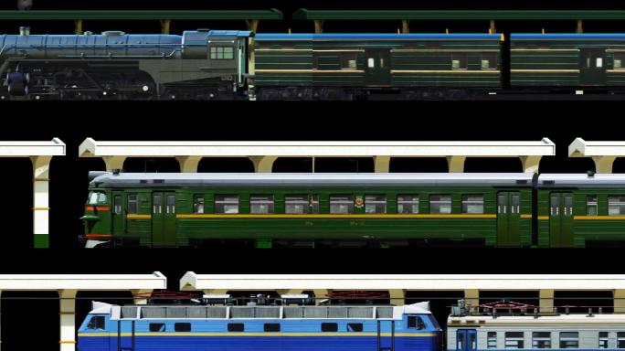 大屏绿皮火车和谐号蒸汽电力机车进站动画