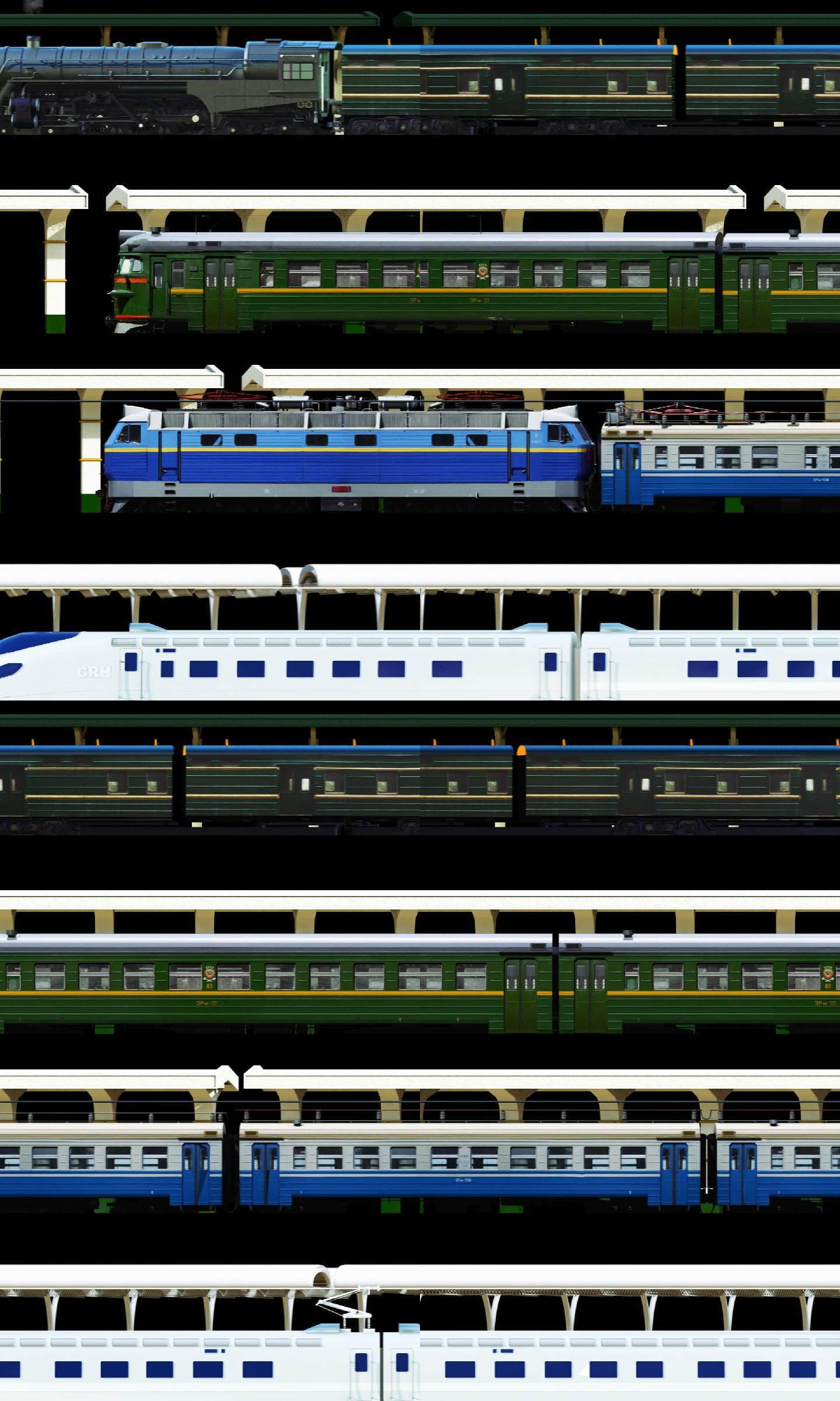 大屏绿皮火车和谐号蒸汽电力机车进站动画