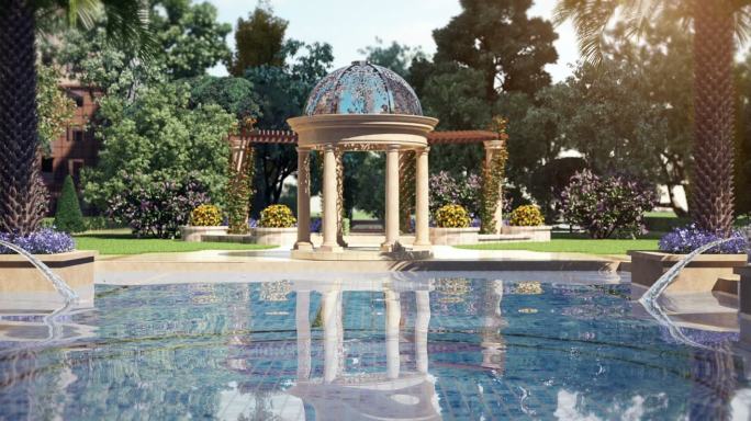 法式水池喷泉景观凉亭
