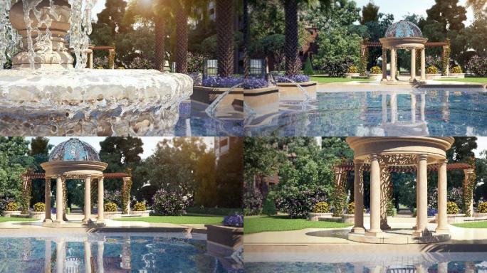 法式水池喷泉景观凉亭