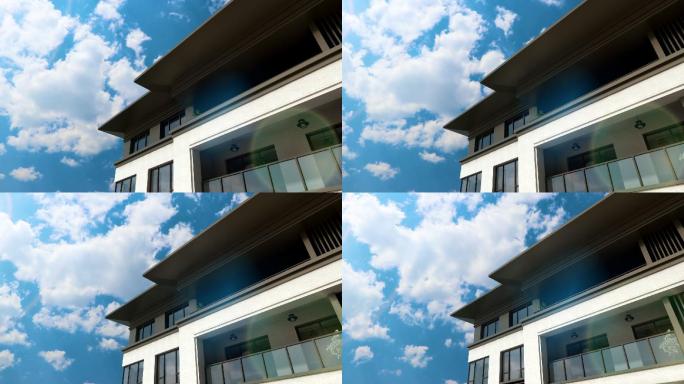 新中式建筑风格蓝天白云建筑立面延时摄影