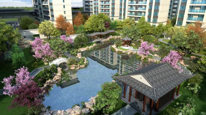 新中式建筑风格地产中心水景水系景观