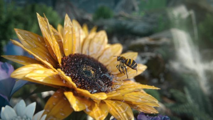 蜜蜂花朵水滴落下三维动画