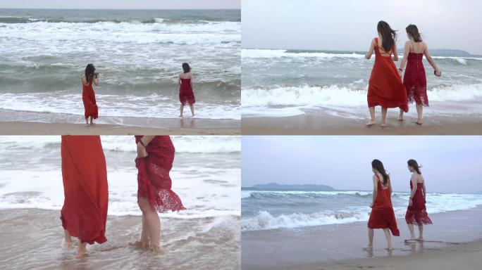4K原素材—海岸线沙滩上红衣美女