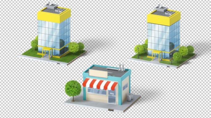 3组3D立体卡通房子超市动画元素带通道