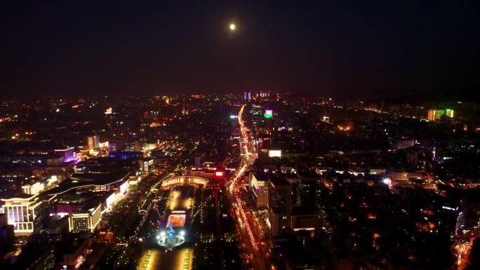 济南泉城广场泺源大街航拍夜景