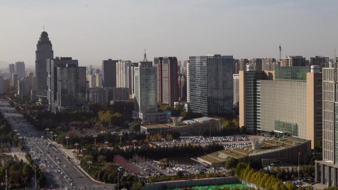 临沂北京路市政府鸟瞰全景车流延时摄影