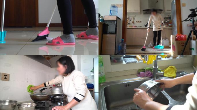 4K家庭主妇打扫卫生-女人清洁厨房