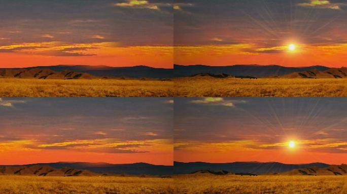 油画夕阳红太阳远山背景