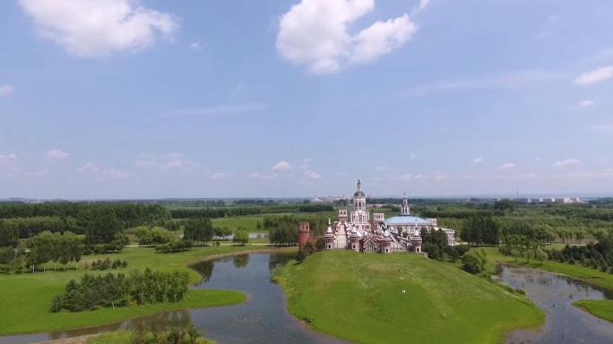 哈尔滨伏尔加庄园城堡夏天草地度假风景航拍