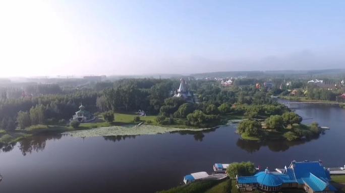 哈尔滨伏尔加庄园城堡夏天草地度假风景航拍