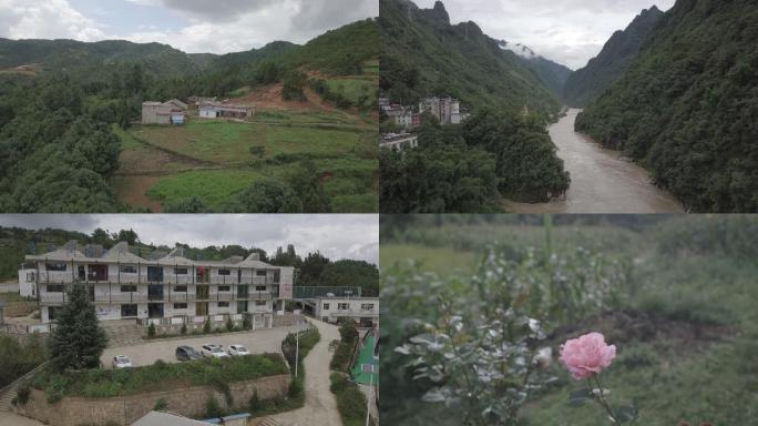 大山里的农村贫苦的山区下雨中的农村